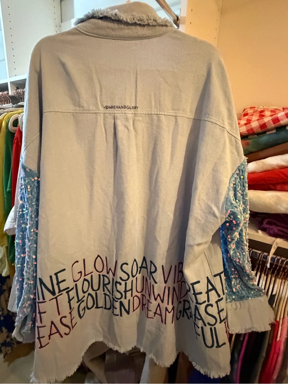 Wren + Glory Drift Days Light Blue Sequin-Sleeve Graphic Jean Jacket/Shirt